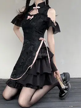 2023 женское новое модное сексуальное летнее улучшенное платье чонсам в новом китайском стиле с вырезами, короткое платье ципао с коротким рукавом s141