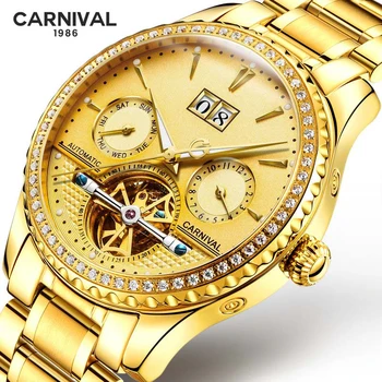 Модные мужские золотые механические часы Carnival от ведущего бренда из нержавеющей стали, многофункциональные светящиеся водонепроницаемые мужские часы с календарем