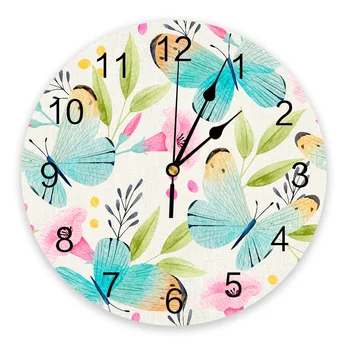 Весенние настенные часы с акварельным цветком и бабочкой, бесшумные цифровые часы для украшения дома, спальни, кухни, гостиной