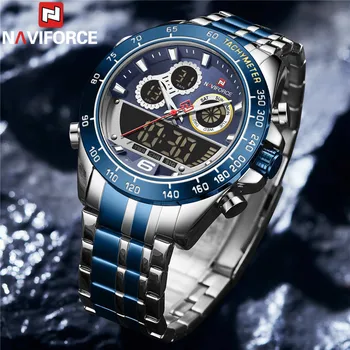 NAVIFORCE Светодиодные часы Мужские Лучший бренд класса люкс Синие Спортивные Мужские часы из нержавеющей стали, Цифровые кварцевые наручные часы в стиле милитари 9188