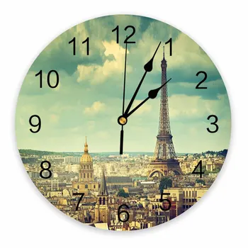 Франция Эйфелева башня, Декоративные круглые настенные часы, Дизайн с арабскими цифрами, Не тикающие настенные часы, Большие для спальни, ванной комнаты